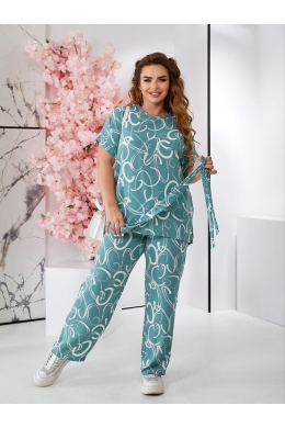 Жіночий костюм брюки та кофта з поясом колір мятний