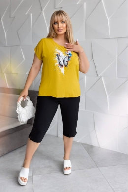 Жіночий костюм двійка з блузкою колір гірчиця-чорний