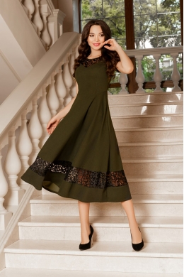 Жіноча нарядна сукня з мереживами кольору хакі